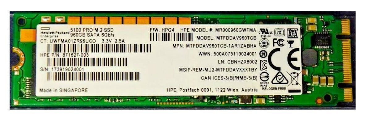 Micron MTFDDAV960TCB-1AR1ZABHA 960GB 5100 PRO SATA 6Gb/s M.2 2280 Enterprise Solid State Drive