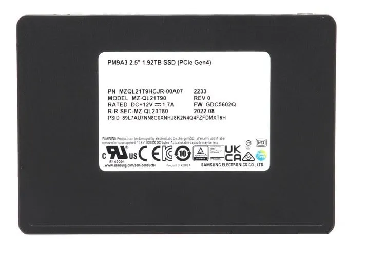 Samsung MZ-QL21T90 1.92 TB PM9A3 PCIe Gen4 x4, NVMe 1.4 2.5 inch Enterprise / Data Center Read Intensive Solid State Drive