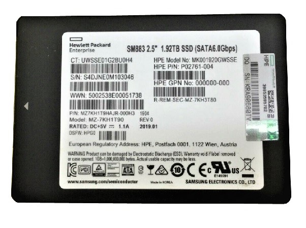 Samsung MZ7KH1T9HAJR-000H3 1.92 TB SM883 SATA 6.0 Gbps 2.5" Write Intensive Solid State Drive