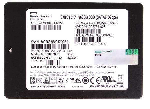 Samsung MZ7KH960HAJR-00AH3 960 GB SM883 SATA 6.0 Gbps 2.5" Mixed Use Solid State Drive
