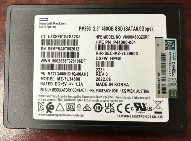 Samsung MZ7L3480HCHQ-00AH3 480 GB PM893 SATA 6.0 Gbps 2.5" Read Intensive Solid State Drive