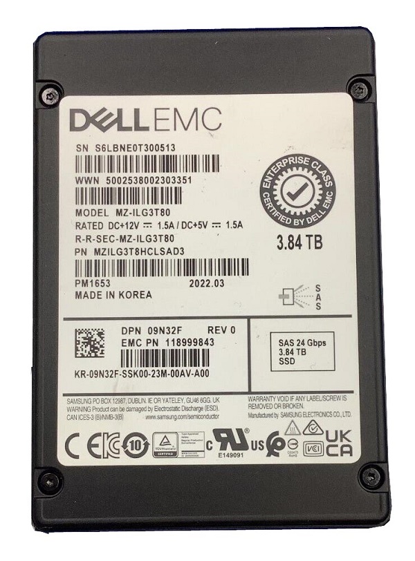 Samsung MZILG3T8HCLSAD3 3.84 TB PM1653 SAS 24Gb/s 2.5 inch 15mm Enterprise/Mixed-Use Solid State Drive