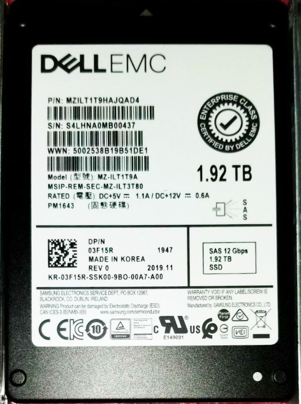 Samsung MZILT1T9HAJQAD4 1.92TB PM1643 Series SAS 12Gb/s 2.5 15mm Enterprise Data Center / Read Intensive Solid State Drive