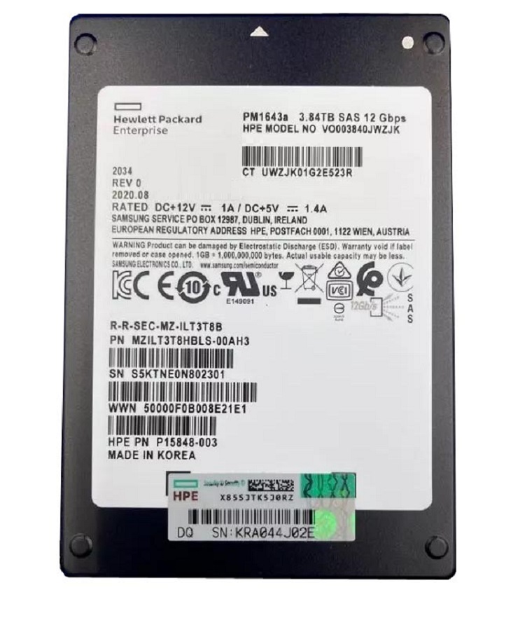 Samsung MZILT3T8HBLS-00AH3 3.84 TB PM1643a SAS 12Gb/s 2.5 inch 15mm Enterprise/Read-Intensive (OEM HP/HPE) Solid State Drive