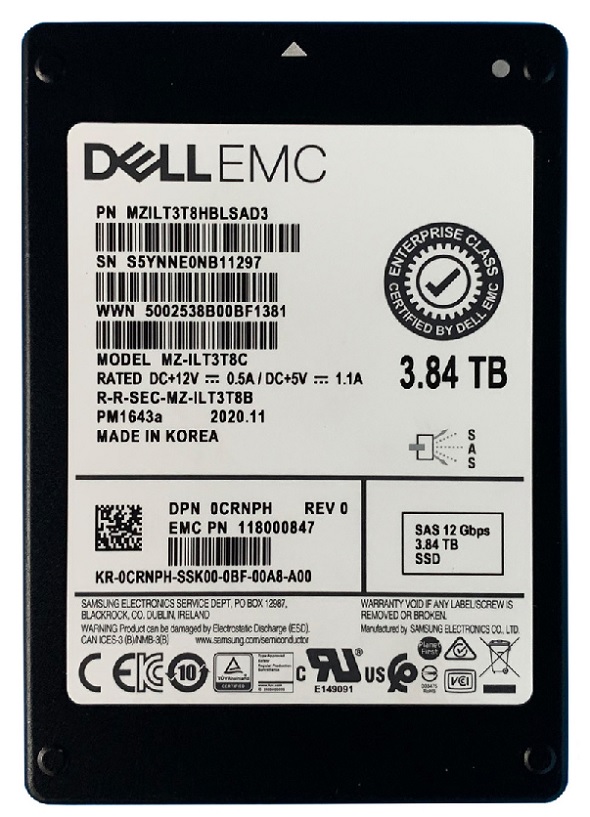 Samsung MZILT3T8HBLSAD3 3.84 TB PM1643a SAS 12Gb/s 2.5 inch 15mm Enterprise/Read-Intensive Solid State Drive