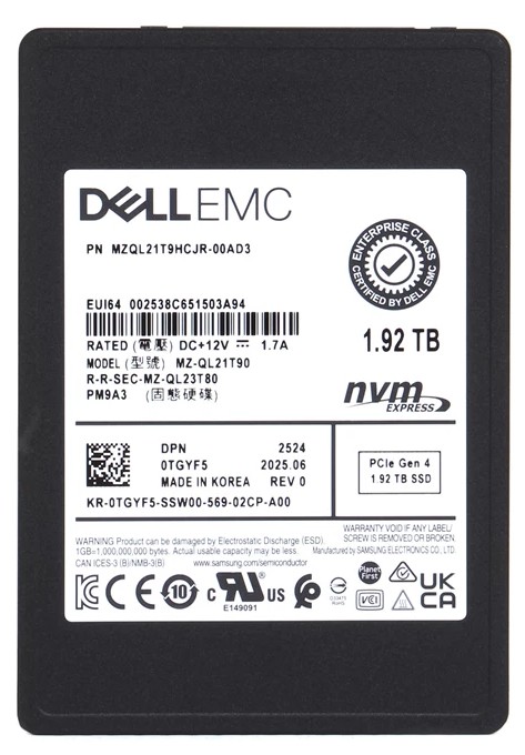Samsung MZQL21T9HCJR-00AD3 1.92TB PM9A3 NVMe PCIe Gen4 x4 2.5 inch Enterprise Solid State Drive