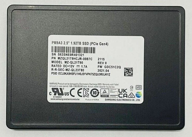Samsung MZQL21T9HCJR-00B7C 1.92 TB PM9A3 PCIe Gen4 x4, NVMe 1.4 2.5 inch Enterprise / Data Center Read Intensive Solid State Drive