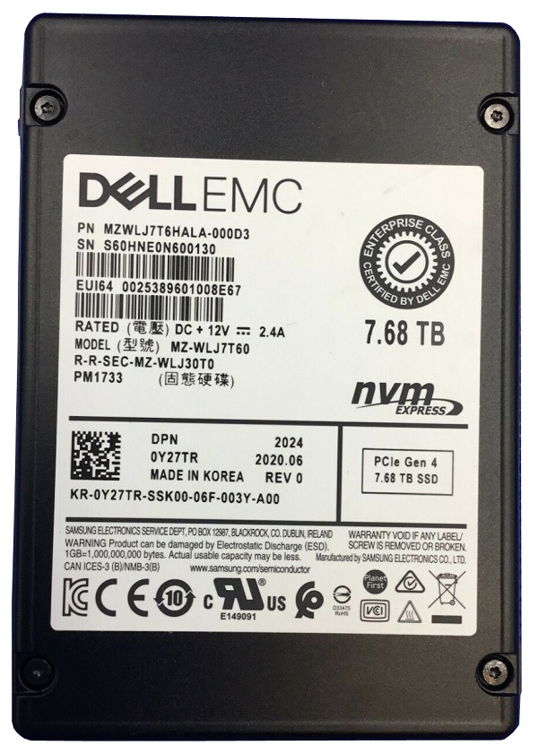 Samsung MZWLJ7T6HALA-000D3 7.68TB PM1733 Series PCIe Gen 4.0 x4, NVMe 2.5 (U.2) 15mm Enterprise Data Center / Read Intensive Solid State Drive