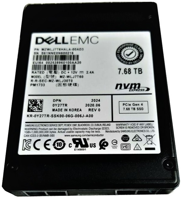 Samsung MZWLJ7T6HALA-00AD3 7.68TB PM1733 Series PCIe Gen 4.0 x4, NVMe 2.5 (U.2) 15mm Enterprise Data Center / Read Intensive Solid State Drive