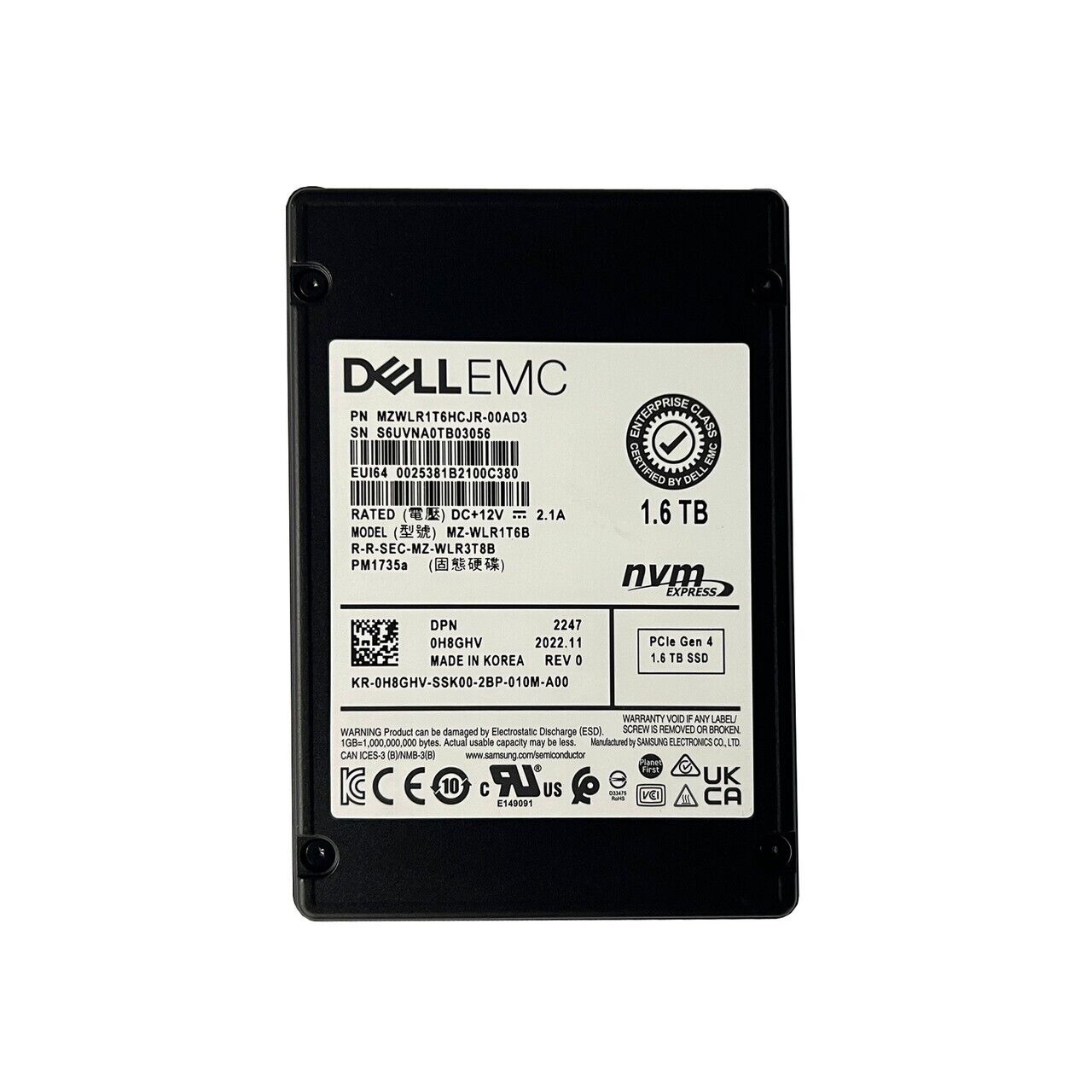 Samsung MZWLR1T6HCJR-00AD3 1.6TB PM1735 Series PCIe Gen 4.0 x4, NVMe 2.5 (U.2) 15mm Enterprise Data Center / Mixed Use Solid State Drive
