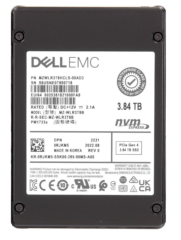 Samsung MZWLR3T8HCLS-00AD3 3.84 TB PM1733a NVMe PCIe Gen4 x4 2.5 inch Read Intensive Solid State Drive
