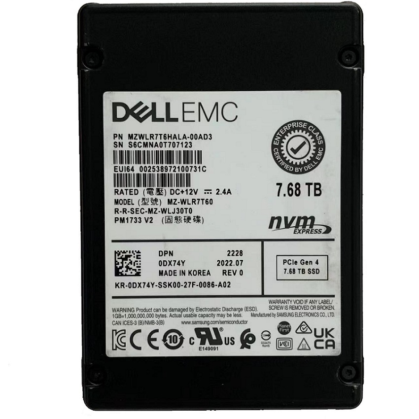 Samsung MZWLR7T6HALA-00AD3 7.68 TB PM1733 PCIe Gen4 x4 U.2 (2.5") Read Intensive Solid State Drive