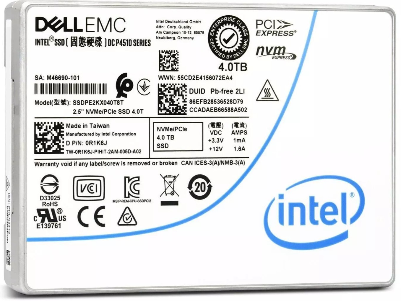 Intel SSDPE2KX040T8T 4.0 TB DC P4510 PCIe 3.1 x4, NVMe 2.5 inch 15mm (U.2) Enterprise/Read-Intensive Solid State Drive